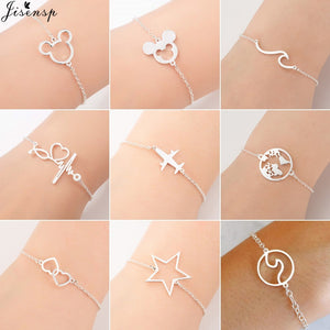 Jisensp Stainless Steel Mickey Bracelets for Women Everyday Jewelry World Map Charm Bracelet Heart Bracelet Femme Wedding Gift