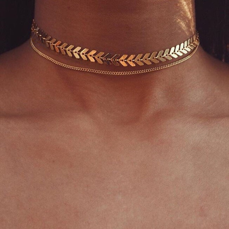 2019 Gold Color metal Two Layer Choker Necklaces Fishbone Chain simple jewelry collana Kolye Bijoux Collares Mujer collier femme