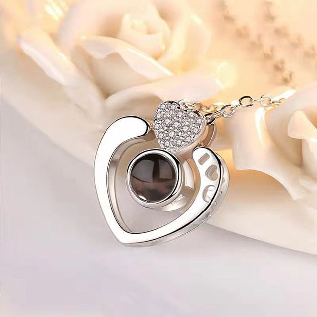 Love Heart Romantic Love Memory Wedding Necklace Rose Gold&Silver 100 languages I love you Projection Pendant Necklace