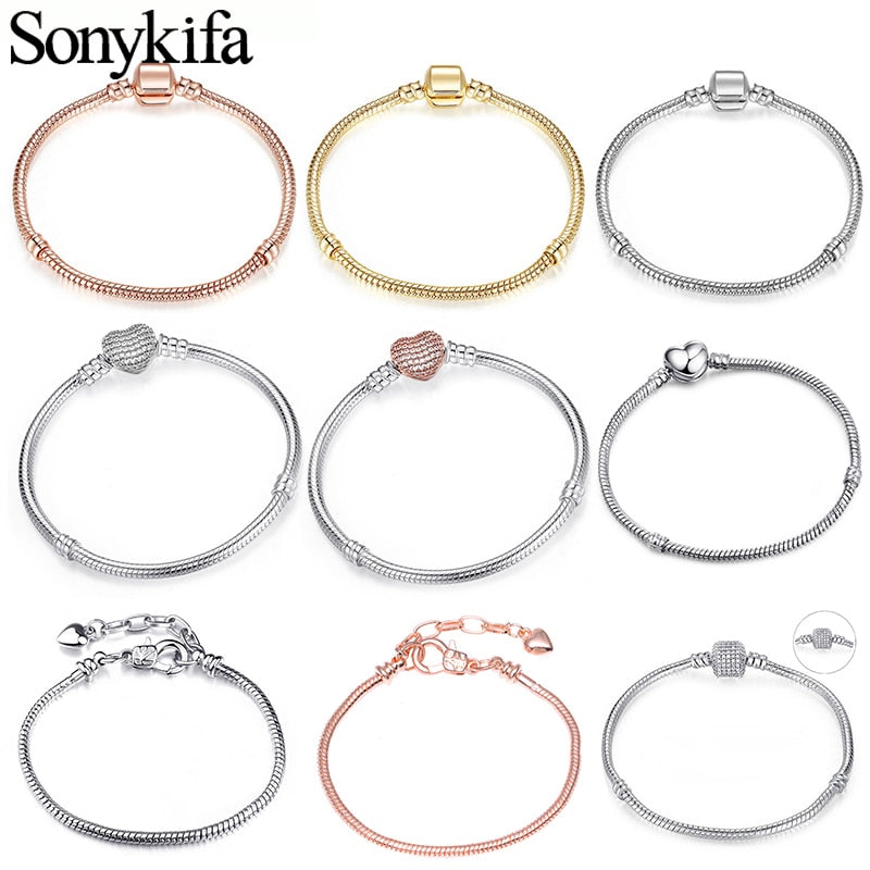 Sonykifa 2019 High Quality Rose Gold Color Snake Chain Charm Bracelet Fit Original Beads Fine Bracelet Jewelry Gift For Women