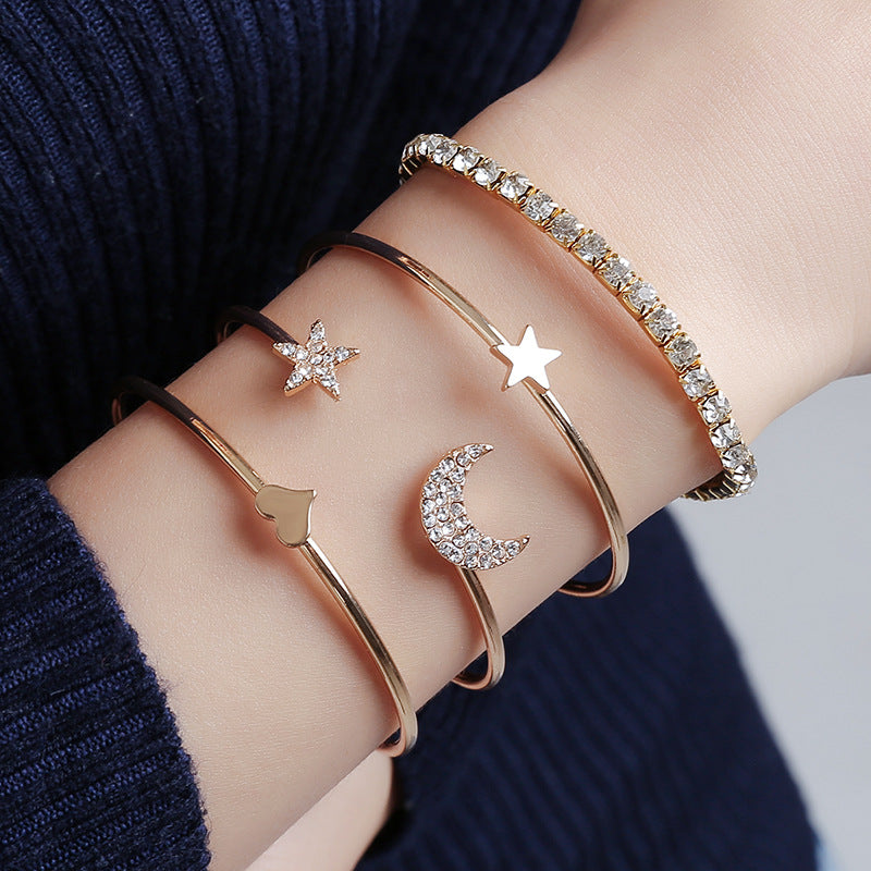 4 Pcs/set Crystal Charm Gold Bracelets & Bangles for Women Heart Star Moon Bracelet Set Femme Fashion Hand Jewelry Wholesale