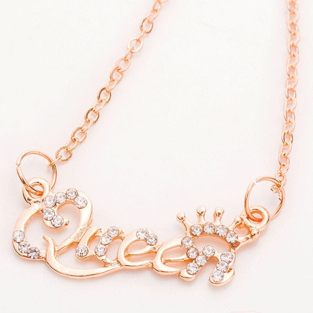 SHUANGR Luxury Gold-Color Queen Crown Chain Necklace Zircon Crystal Necklace Women Fashion Jewelry Birthday Present