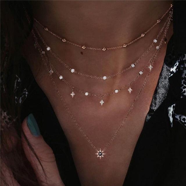 Boho Multi-element Crystal Necklaces For Women Fashion Gold Silver  Necklace Vintage Multiple Layers Pendant Necklace Jewelry