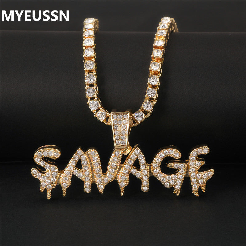 Bling Bling Savage Letter Necklace & Pendant Shiny Ice Out Link Chain Necklace With Tennis Chain Choker Hip Hop Jewelry for Men