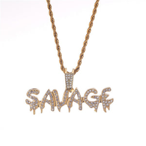 Bling Bling Savage Letter Necklace & Pendant Shiny Ice Out Link Chain Necklace With Tennis Chain Choker Hip Hop Jewelry for Men