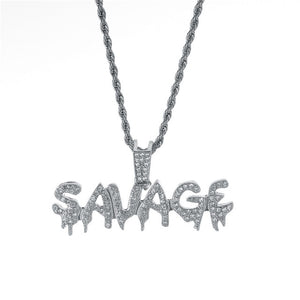 Bling Bling Savage Letter Necklace & Pendant Shiny Ice Out Link Chain Necklace With Tennis Chain Choker Hip Hop Jewelry for Men