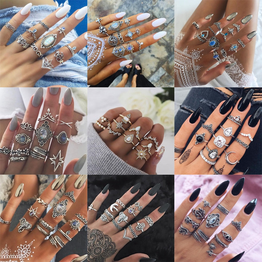 20 Styles Bohemian Midi Knuckle Ring Set For Women crystal Elephant Crown crescent Geometric Finger Rings Vintage Jewelry