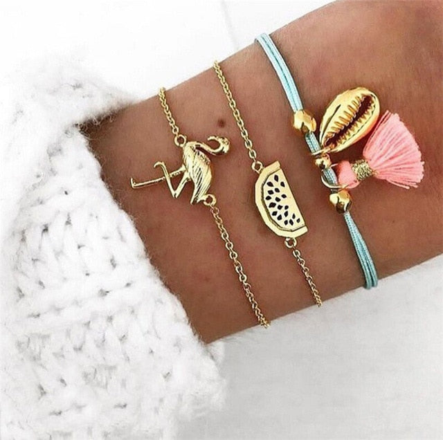 1set Fashion Bohemia Coconut Tree Butterfly Heart Knot Hand Cuff Link Chain Bracelet For Femme Jewelry  2018