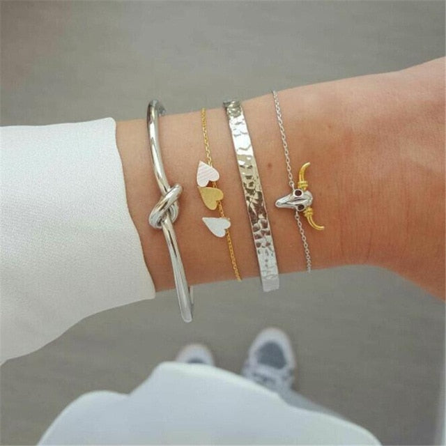 1set Fashion Bohemia Coconut Tree Butterfly Heart Knot Hand Cuff Link Chain Bracelet For Femme Jewelry  2018