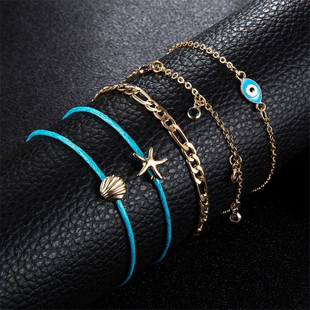 1set Fashion Bohemia Coconut Tree Butterfly Heart Knot Hand Cuff Link Chain Bracelet For Femme Jewelry  2018