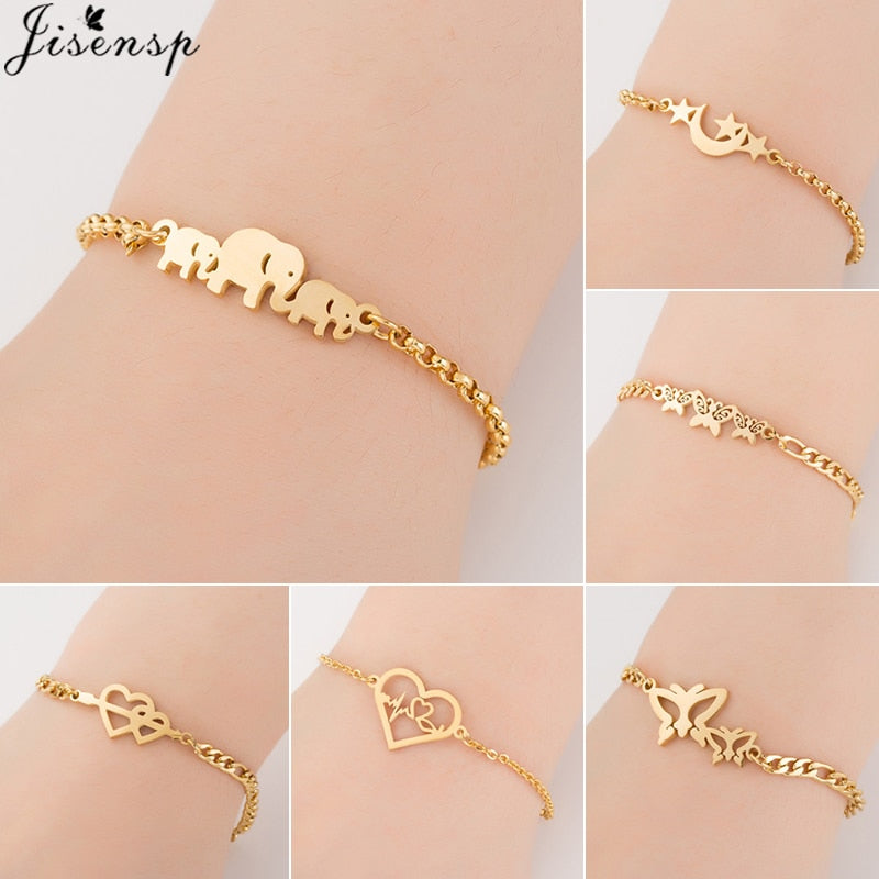 Jisensp Elephant Butterfly Bracelets Bangles Animal Chain Link Bracelet Female Stainless Steel Bracelets for Women Accessories