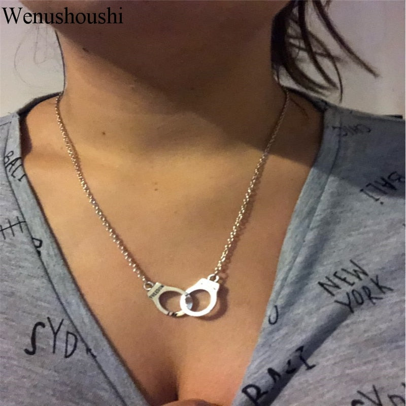 vintage creative punk letter freedom small handcuffs necklaces for women short chain handcuff collares collier femme Harajuku