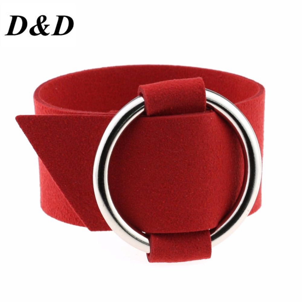 D&D Charm Wide Black Velvet Leather Bracelets Multicolor Metal Silver Big Circle Wrap Bracelet Femme Wristband Jewelry