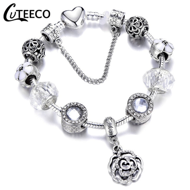 CUTEECO 925 Fashion Silver Charms Bracelet Bangle For Women Crystal Flower Fairy Bead Fit Brand Bracelets Jewelry Pulseras Mujer