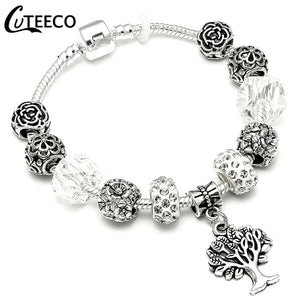 CUTEECO 925 Fashion Silver Charms Bracelet Bangle For Women Crystal Flower Fairy Bead Fit Brand Bracelets Jewelry Pulseras Mujer