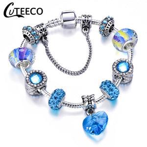 CUTEECO 925 Fashion Silver Charms Bracelet Bangle For Women Crystal Flower Fairy Bead Fit Brand Bracelets Jewelry Pulseras Mujer