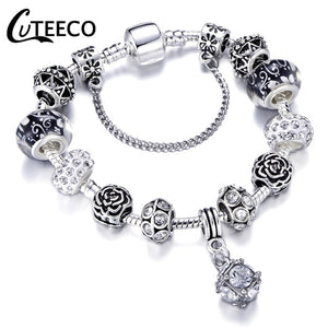 CUTEECO 925 Fashion Silver Charms Bracelet Bangle For Women Crystal Flower Fairy Bead Fit Brand Bracelets Jewelry Pulseras Mujer