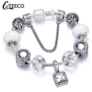 CUTEECO 925 Fashion Silver Charms Bracelet Bangle For Women Crystal Flower Fairy Bead Fit Brand Bracelets Jewelry Pulseras Mujer