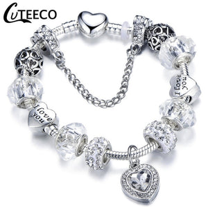 CUTEECO 925 Fashion Silver Charms Bracelet Bangle For Women Crystal Flower Fairy Bead Fit Brand Bracelets Jewelry Pulseras Mujer