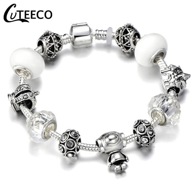 CUTEECO 925 Fashion Silver Charms Bracelet Bangle For Women Crystal Flower Fairy Bead Fit Brand Bracelets Jewelry Pulseras Mujer