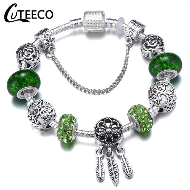 CUTEECO 925 Fashion Silver Charms Bracelet Bangle For Women Crystal Flower Fairy Bead Fit Brand Bracelets Jewelry Pulseras Mujer