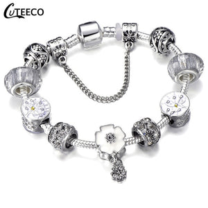 CUTEECO 925 Fashion Silver Charms Bracelet Bangle For Women Crystal Flower Fairy Bead Fit Brand Bracelets Jewelry Pulseras Mujer