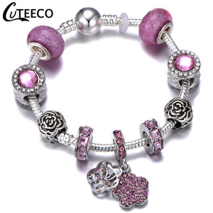 CUTEECO 925 Fashion Silver Charms Bracelet Bangle For Women Crystal Flower Fairy Bead Fit Brand Bracelets Jewelry Pulseras Mujer