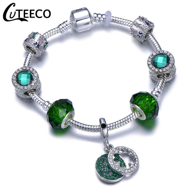 CUTEECO 925 Fashion Silver Charms Bracelet Bangle For Women Crystal Flower Fairy Bead Fit Brand Bracelets Jewelry Pulseras Mujer