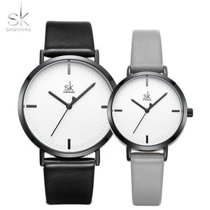 Shengke Lover Fashion Black Leather Strap Watch Men Women Wristwatch Couple Watches Gift Set Quartz Japanese Watch  Montre Femme