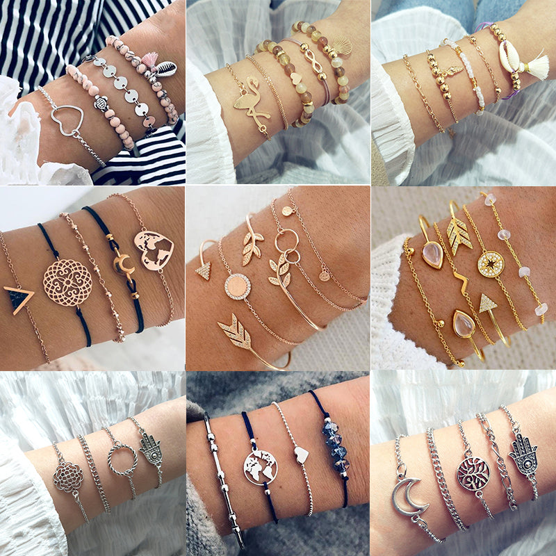 30 Style Female Boho Map Heart Beads Moon Arrow Turtle Kitten Elephant Pendant Tassel Chain Leather Bracelet Set  Combination