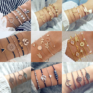 30 Style Female Boho Map Heart Beads Moon Arrow Turtle Kitten Elephant Pendant Tassel Chain Leather Bracelet Set  Combination