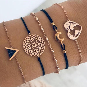 30 Style Female Boho Map Heart Beads Moon Arrow Turtle Kitten Elephant Pendant Tassel Chain Leather Bracelet Set  Combination