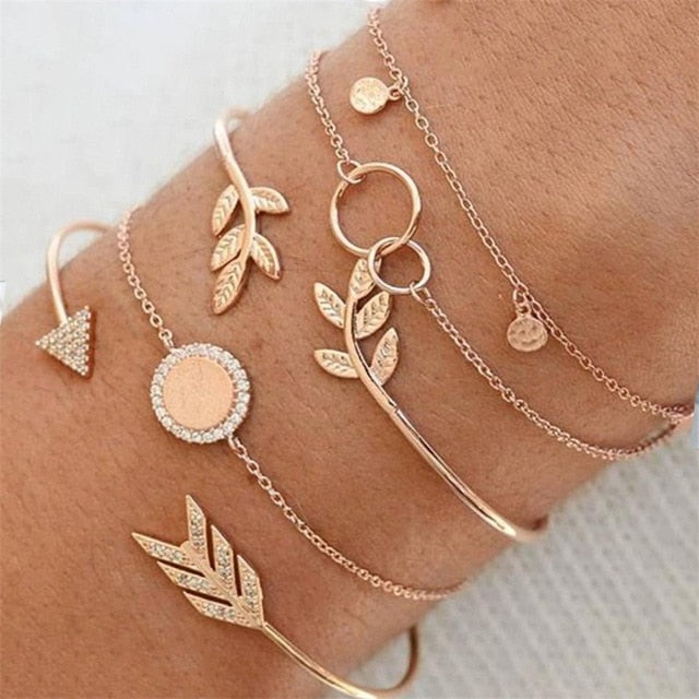 30 Style Female Boho Map Heart Beads Moon Arrow Turtle Kitten Elephant Pendant Tassel Chain Leather Bracelet Set  Combination