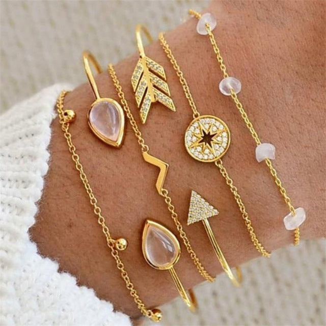 30 Style Female Boho Map Heart Beads Moon Arrow Turtle Kitten Elephant Pendant Tassel Chain Leather Bracelet Set  Combination