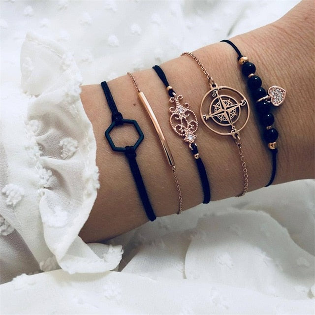 30 Style Female Boho Map Heart Beads Moon Arrow Turtle Kitten Elephant Pendant Tassel Chain Leather Bracelet Set  Combination