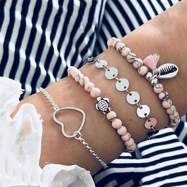 30 Style Female Boho Map Heart Beads Moon Arrow Turtle Kitten Elephant Pendant Tassel Chain Leather Bracelet Set  Combination