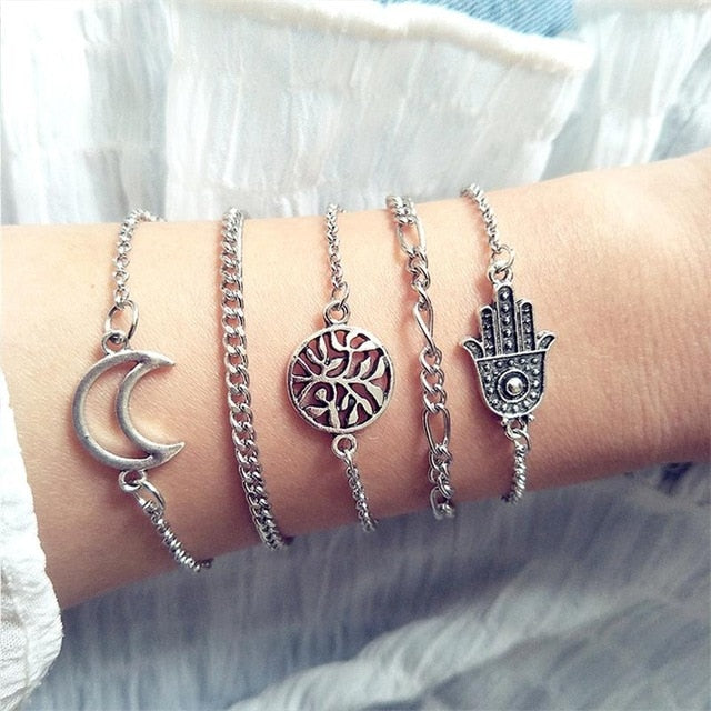 30 Style Female Boho Map Heart Beads Moon Arrow Turtle Kitten Elephant Pendant Tassel Chain Leather Bracelet Set  Combination