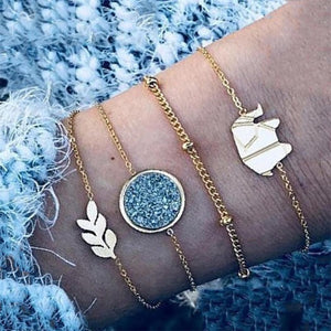 30 Style Female Boho Map Heart Beads Moon Arrow Turtle Kitten Elephant Pendant Tassel Chain Leather Bracelet Set  Combination