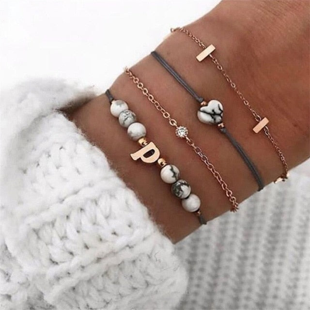 30 Style Female Boho Map Heart Beads Moon Arrow Turtle Kitten Elephant Pendant Tassel Chain Leather Bracelet Set  Combination