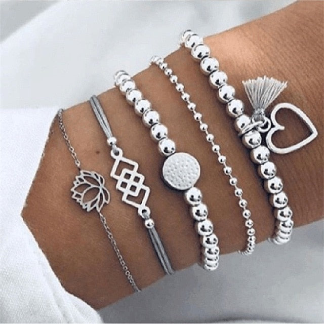 30 Style Female Boho Map Heart Beads Moon Arrow Turtle Kitten Elephant Pendant Tassel Chain Leather Bracelet Set  Combination