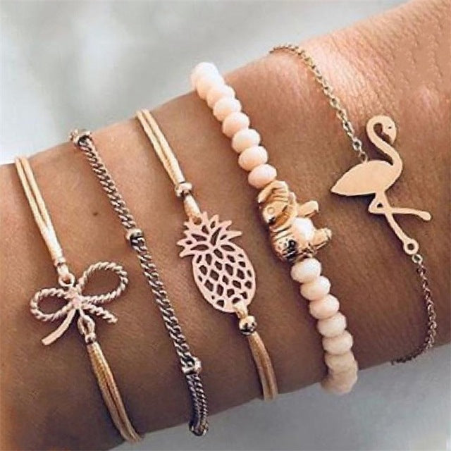 30 Style Female Boho Map Heart Beads Moon Arrow Turtle Kitten Elephant Pendant Tassel Chain Leather Bracelet Set  Combination