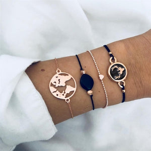 30 Style Female Boho Map Heart Beads Moon Arrow Turtle Kitten Elephant Pendant Tassel Chain Leather Bracelet Set  Combination