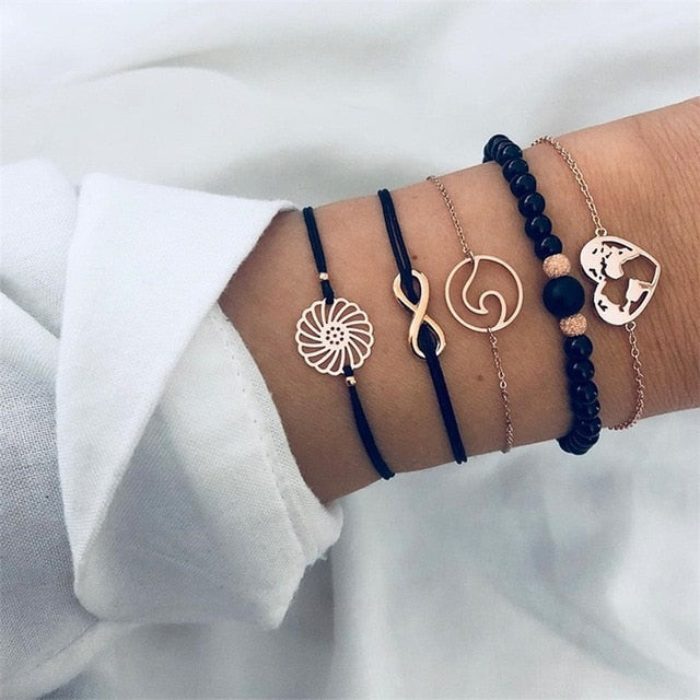 30 Style Female Boho Map Heart Beads Moon Arrow Turtle Kitten Elephant Pendant Tassel Chain Leather Bracelet Set  Combination