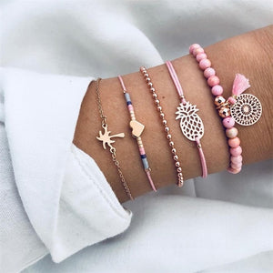 30 Style Female Boho Map Heart Beads Moon Arrow Turtle Kitten Elephant Pendant Tassel Chain Leather Bracelet Set  Combination