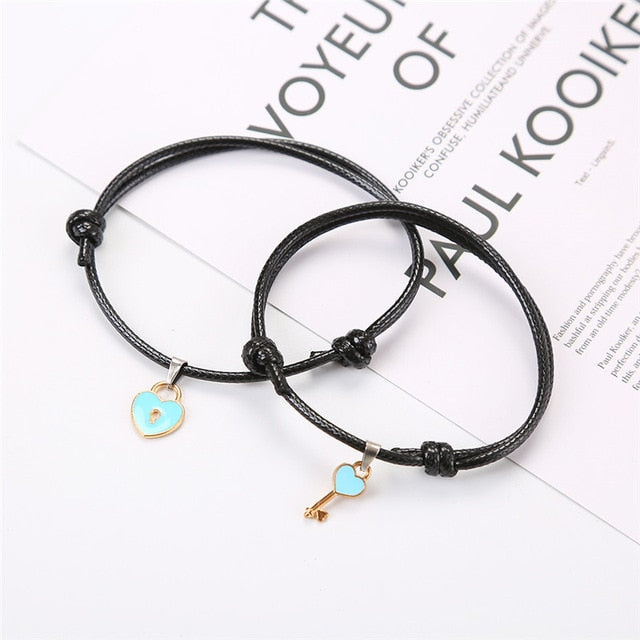 2 PCs/lot,New Arrival Couple Bracelet Alloy key Heart Lock Charm Bracelet  Handmade Jewelry Rope Bracelet Lovers Gifts for Women