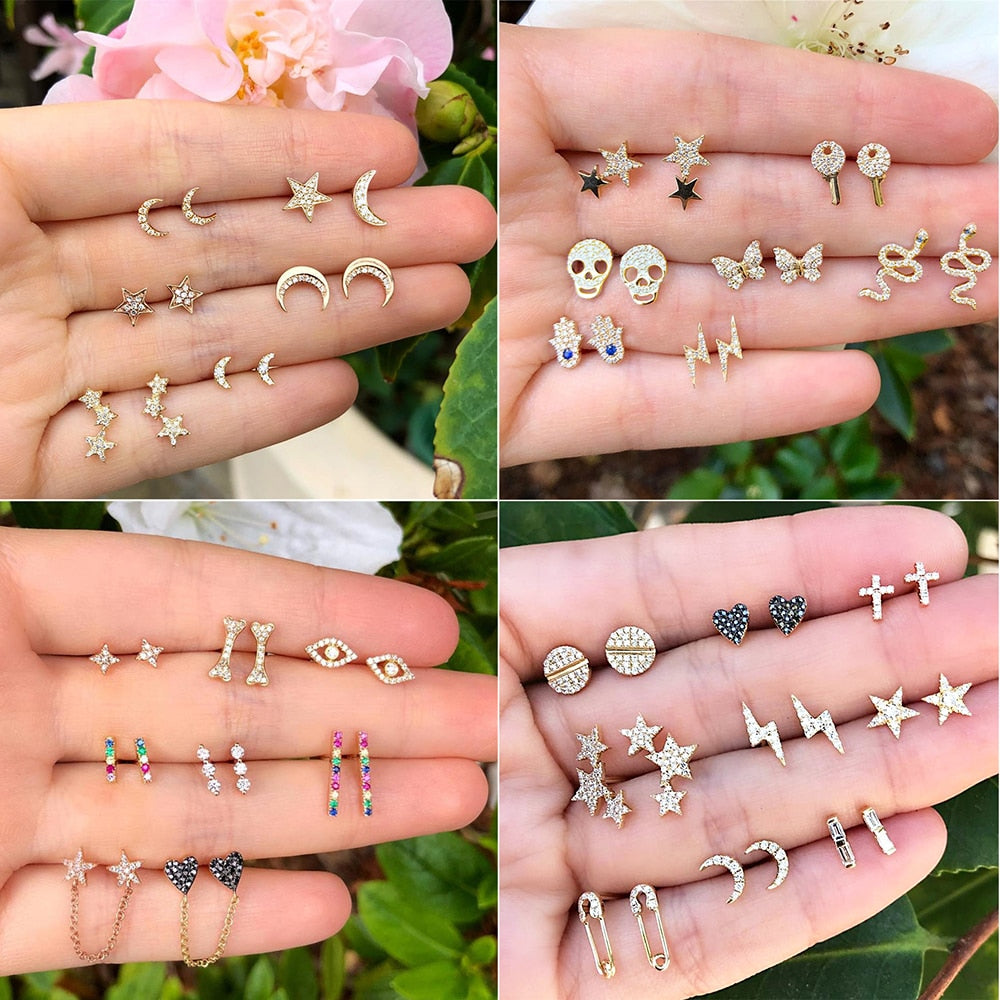 Vintage Flower Shell Moon Star Crystal Stud Earrings Set for Women Girls 2019 Fashion Small Earrings Boucle d'oreille Femme