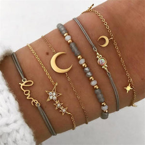 6pcs/lot Moon Star Love Letter Charm Bracelet For Women Fashion Hands Jewelry Rhinestone Trendy Bracelts & Bangles Femme Bijoux