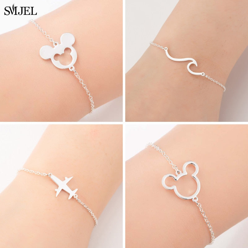 SMJEL Stainless Steel Mickey Bracelets for Women Everyday Jewelry Cute Geometric Charm Bracelet Wave Bracelet Femme Wedding Gift