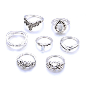 Sindlan 7PCs Rhinestone Lotus Charm Rings for Women Retro Silver Flower Crown Statement Rings Set Joint Finger Ring Jewelry