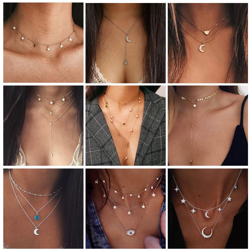 UMODE Simple Necklaces for Women Girls Chocker Layered Necklaces Moon Star Pendant Party Gifts Fashion Jewelry Vsco Things